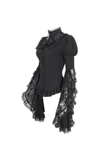Black Stand Collar Trumpet Sleeves Ruffle Embroidery Lace Women's Gothic Blouse - Product - 6