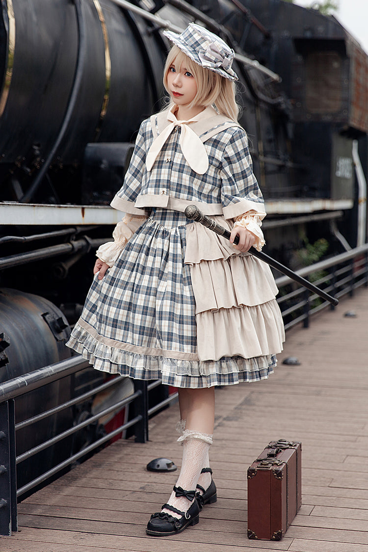 Grey/Blue [Morning Tune] Sleeveless High Waisted Print Ruffle Asymmetric Sweet Lolita Strap Dress - Product - 6