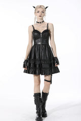 Black Sleeveless Layered Buckled Zippered Women's Gothic Faux Leather Strap Dress - Product - 8
