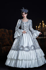 Blue Square Collar Long Trumpet Sleeves Double-Layered Ruffled Embroidered Open-Front Bow Classic Vintage Palace Lolita Victorian Dress - Blue - 1