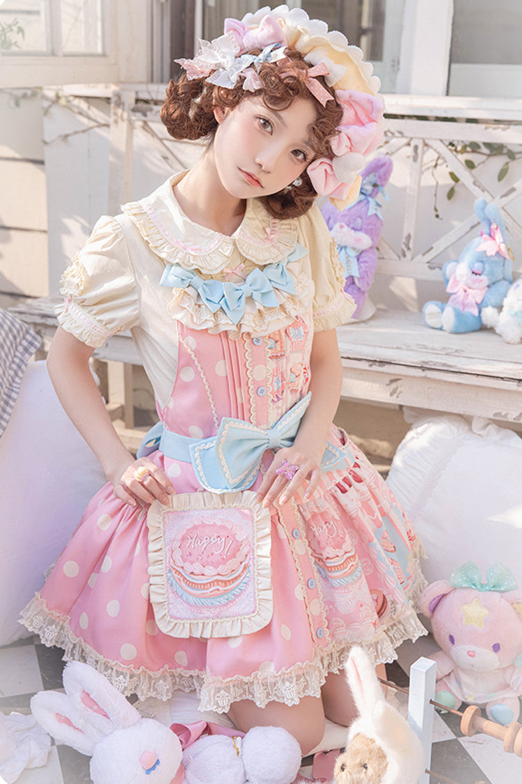 Pink Cake Chocolate Dessert Print Ruffle Bowknot Sweet Lolita Strap Dress - Product - 12