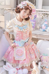 Pink Cake Chocolate Dessert Print Ruffle Bowknot Sweet Lolita Strap Dress - Product - 12