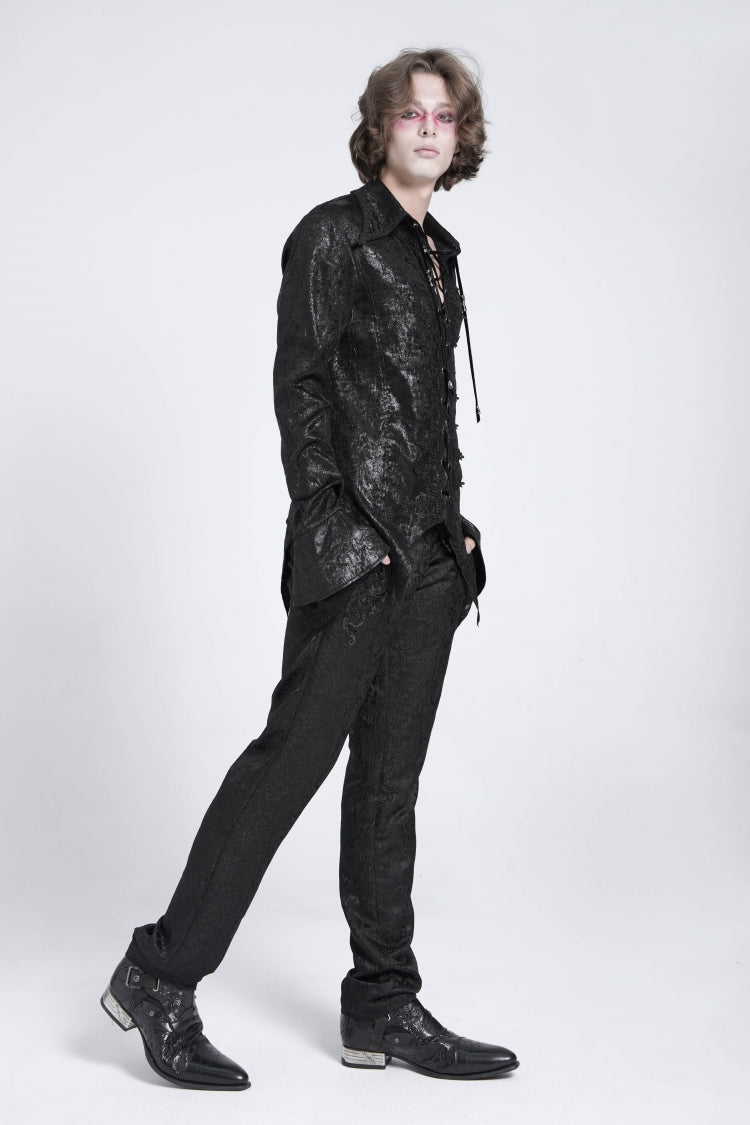 Black Long Trumpet Sleeves Lace-Up Men's Gothic Swallow-tailed Blouse - Product - 8