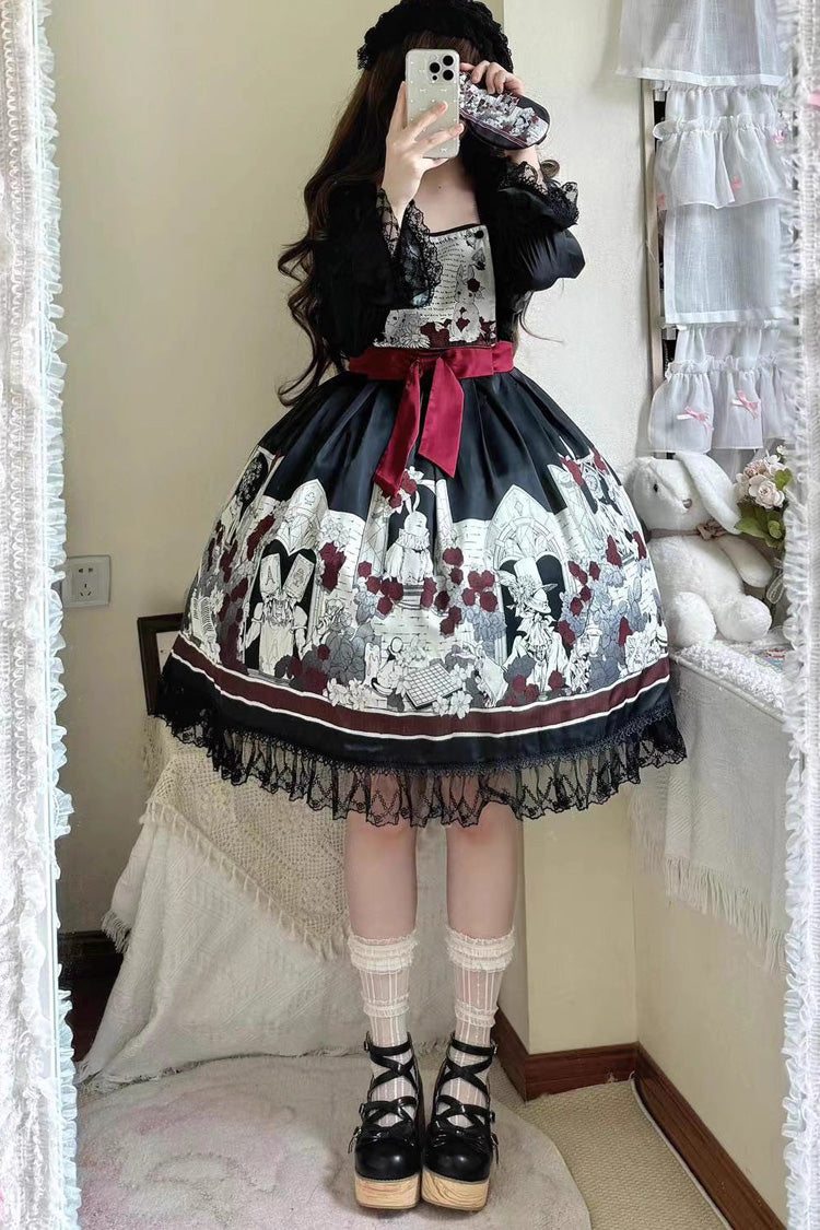 Black [Alice of the Asylum] Print Bowknot Lace Gothic Lolita Dress 2 Versions - Product - 12