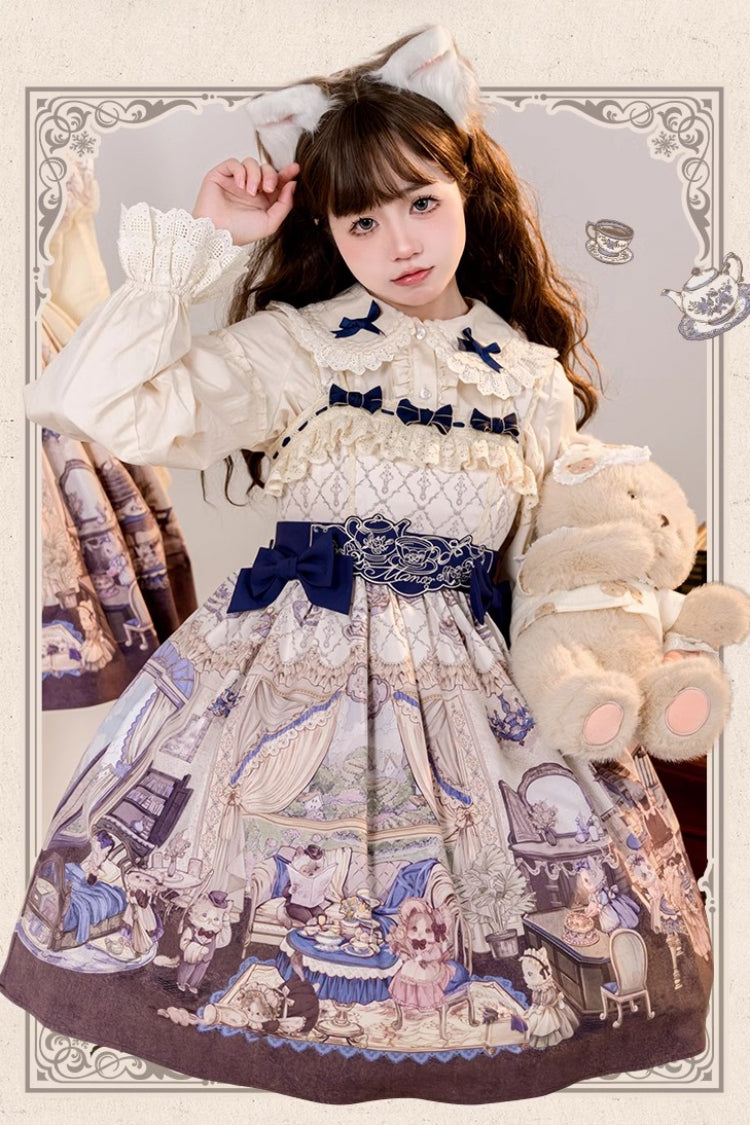 Multi-Color Cat Manor Print Embroidery Bowknot Sweet Lolita JSK Dress - Product - 5