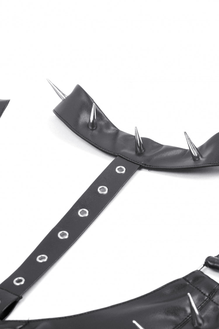 Black Metal Studded Women's Punk Faux Leather Bustier Crop Top with Adjustable Clasps - Product - 13