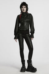 Black Stand Collar Long Puff Sleeves Faux Leather Stitching Women's Gothic Blouse - Product - 4