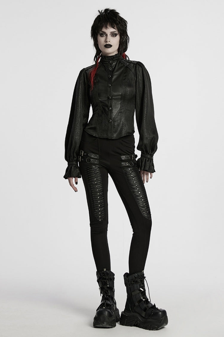 Black Stand Collar Long Puff Sleeves Faux Leather Stitching Women's Gothic Blouse - Product - 4