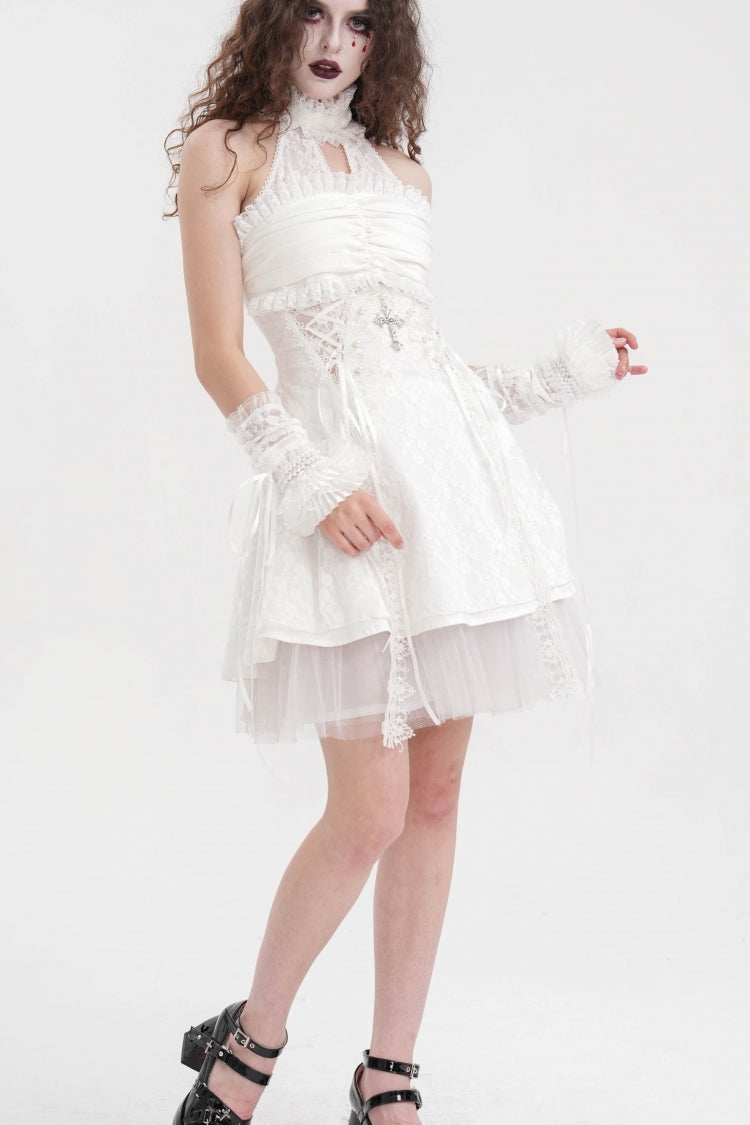 White Bow Lace Lace-Up Mesh Eyelet Women's Gothic Gorgeous Palace Arm Sleeves - Product - 5