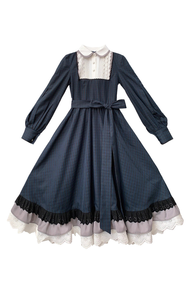 Dark Blue [Phyllis] Plaid Print Ruffle Bowknot Lace Vintage Elegant Lolita Dress - Product - 3