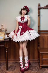 Red [Miss Tsundere] Sleeveless Multi-Layered Ruffle Bowknot Lace Asymmetric Sweet Princess Lolita Dress - Product - 9