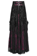 Wine Red Print Embroidery Tassels Buckle-up Lace-Up Women's Gothic Long Skirt - Product - 3
