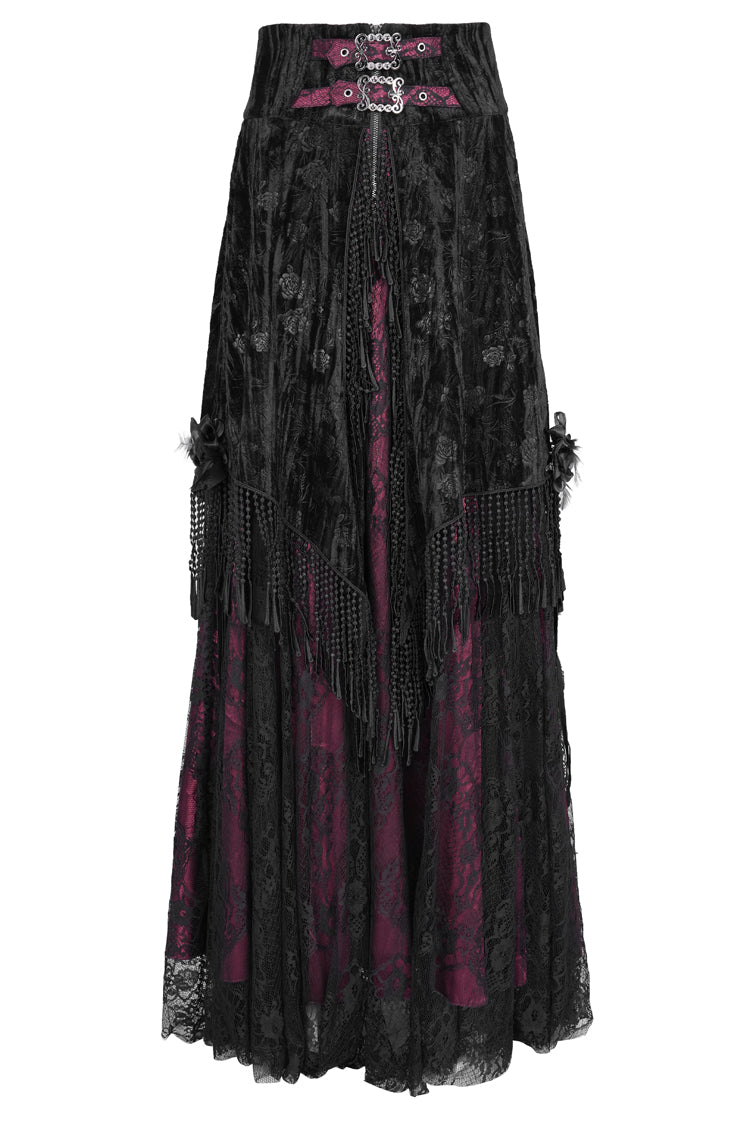 Wine Red Print Embroidery Tassels Buckle-up Lace-Up Women's Gothic Long Skirt - Product - 3