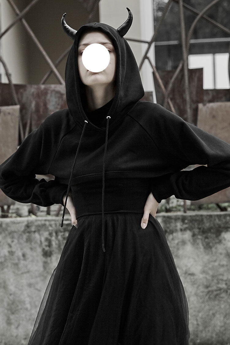 Black Demon Horn Decoration Long Sleeves Lace-Up Hooded Women's Gothic Coat - Black - 1
