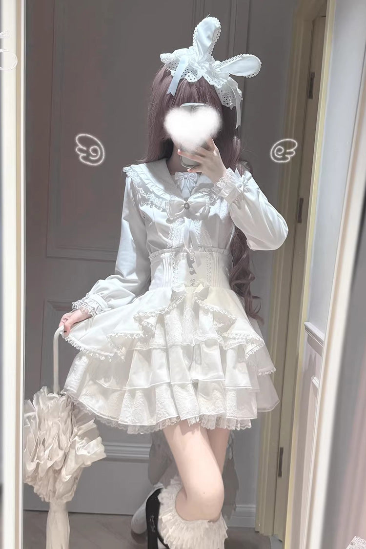 White [Snow Season Love Letter] Long Sleeves Multi-Layered Ruffled Bow Sweet Jirai Kei Lolita Skirt Set - White - 1