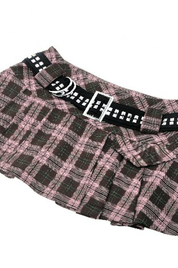 Pink/Brown Buckled Plaid Women's Punk Pleated Mini Skirt - Product - 14