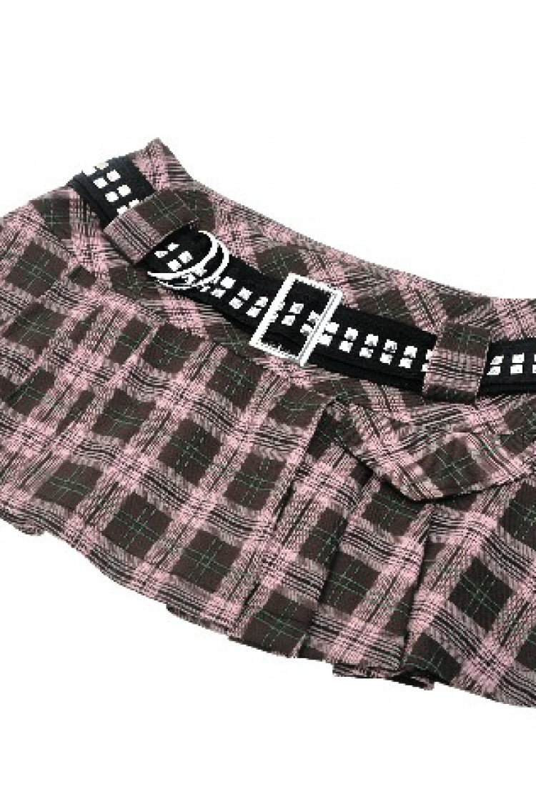 Pink/Brown Buckled Plaid Women's Punk Pleated Mini Skirt - Product - 14