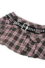 Pink/Brown Buckled Plaid Women's Punk Pleated Mini Skirt - Product - 14