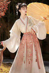 [Lily of the Valley] Long Sleeves Wei-Jin Style Ombre Printed Ruffled Embroidered Chinese Style Classic Hanfu Dress Set 3 Colors - Product - 4