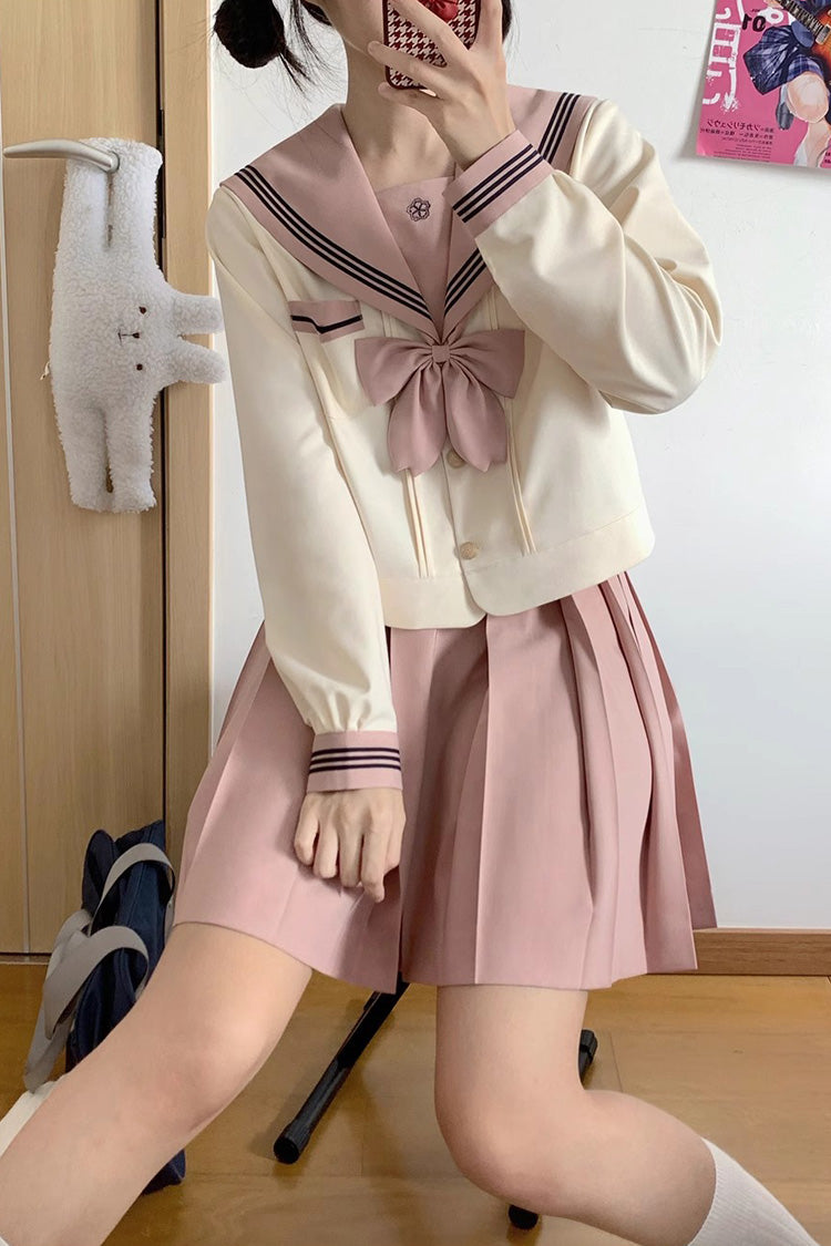 Pink/Ivory Sailor Collar Long Sleeves Sweet Japanese School Skirt Set - Product - 6
