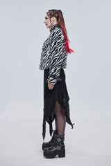 Black/White Stripe Design Shiny Belt With D-Shaped Buckle Decoration Padded Women's Punk Jacket - Product - 5