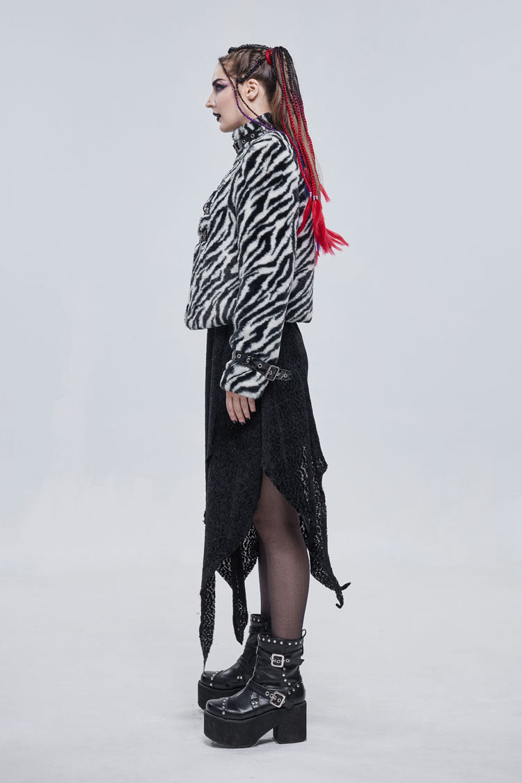 Black/White Stripe Design Shiny Belt With D-Shaped Buckle Decoration Padded Women's Punk Jacket - Product - 5