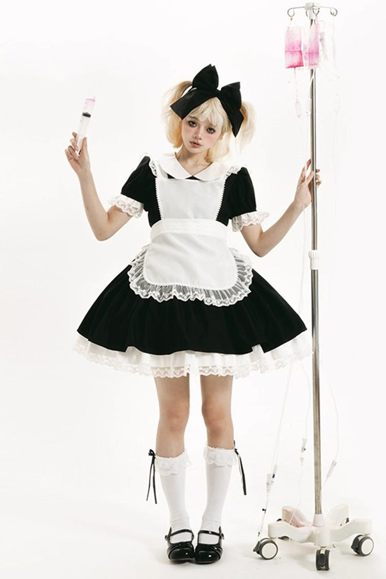 Gothic Maid Lapel Collar Ruffle Lace Plus Size Lolita Dress 2 Colors and 2 Versions - Black - 4