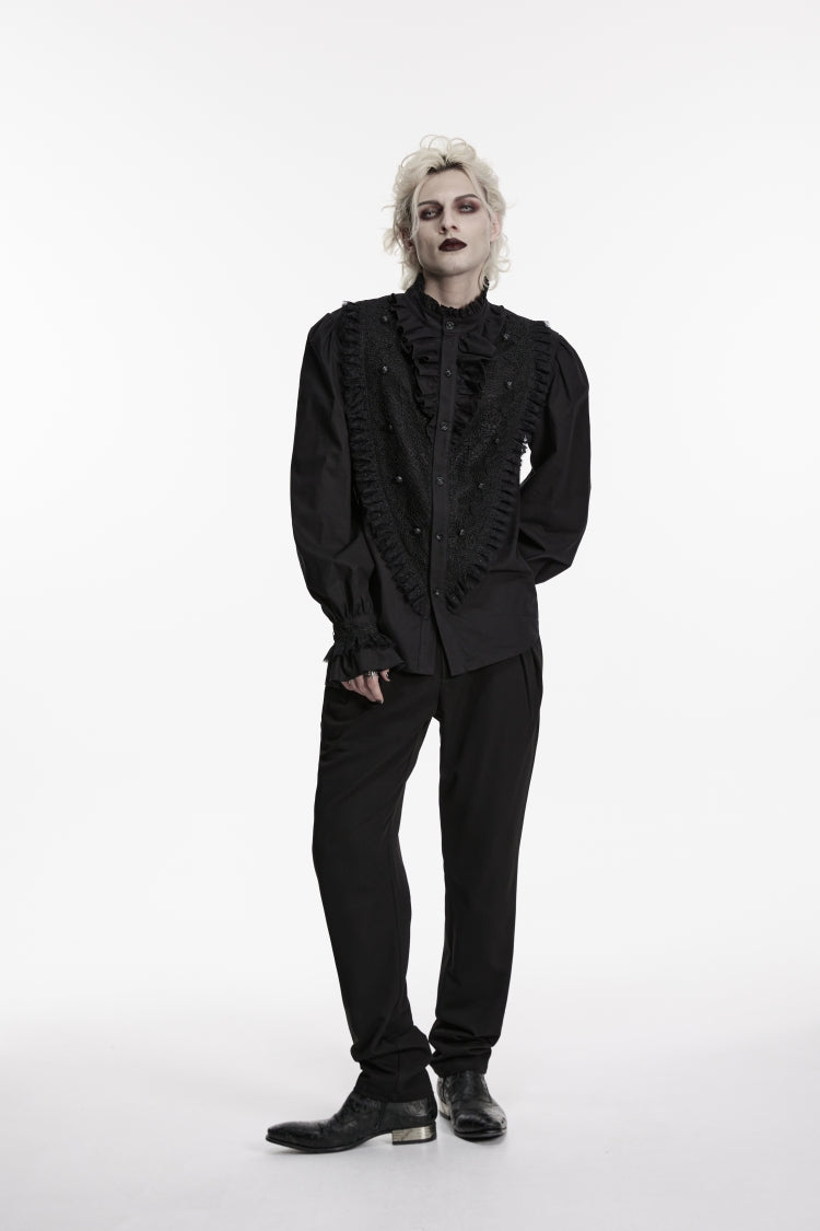 Black Stand Collar Long Puff Sleeves Embroidered Lace Men's Shirt - Product - 8
