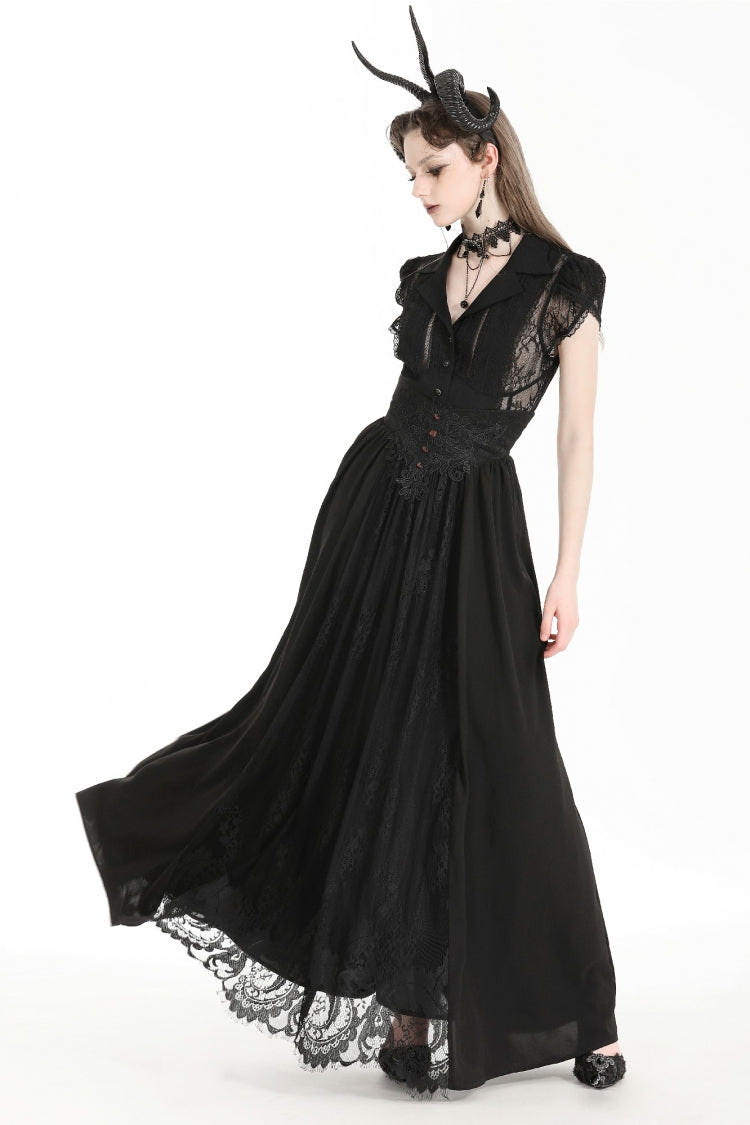 Black High Waisted Heart Embroidered Lace Women's Gothic Maxi Skirt - Product - 7