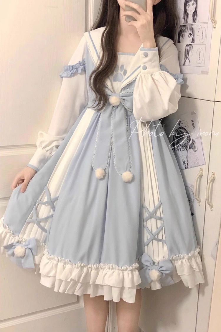 White/Blue Navy Collar Long Sleeves Print Ruffle Bowknot Sweet Princess Lolita Dress - Product - 3