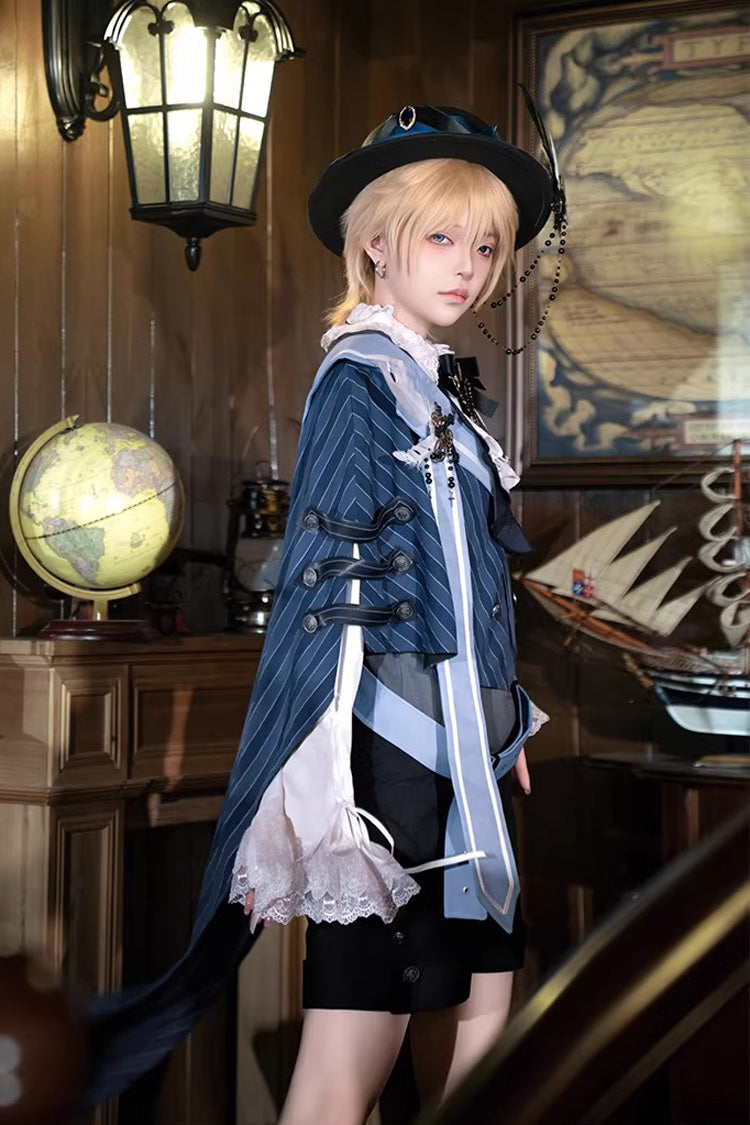White/Grey/Blue [Age of Machines] Bow Asymmetric Punk Prince Ouji Lolita Shorts Vest Cloak Set - Product - 2
