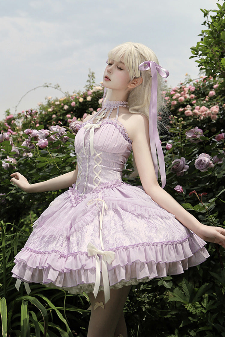 Purple Tube Top Sleeveless Ruffle Bowknot Gothic Lolita Jsk Tiered Dress - Product - 9