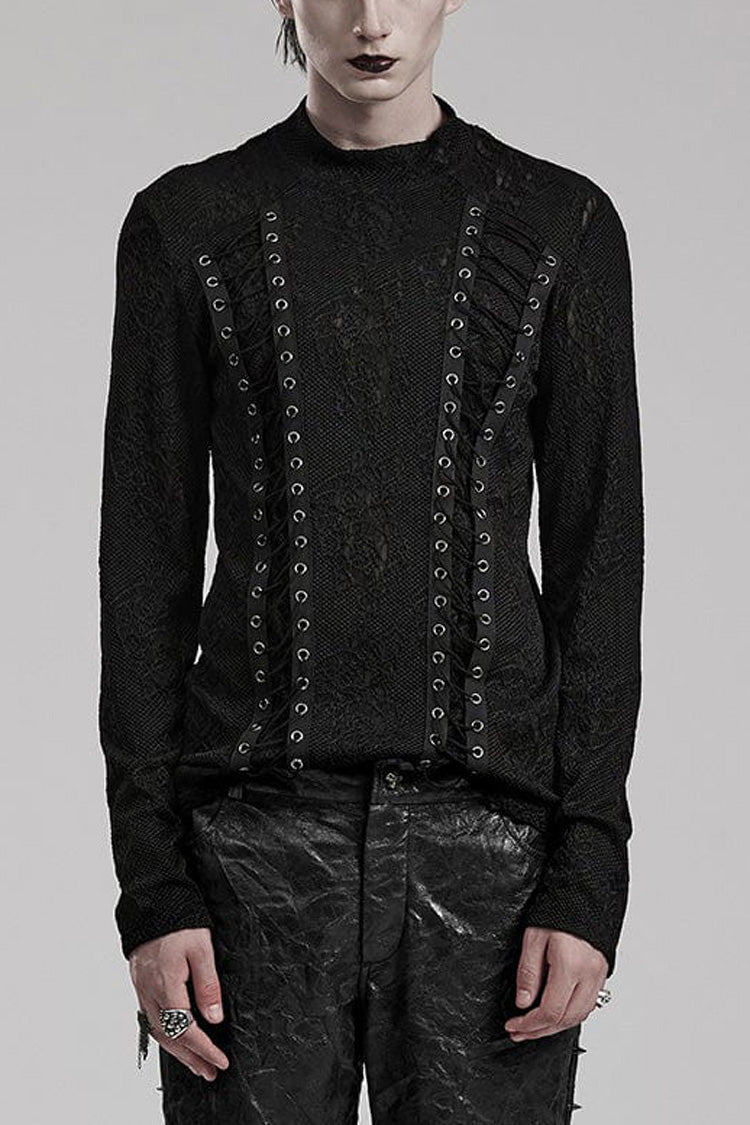 Black Round Collar Long Sleeves Jacquard Symmetrical Rope Mens Gothic T-Shirt - Black - 1