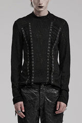 Black Round Collar Long Sleeves Jacquard Symmetrical Rope Mens Gothic T-Shirt - Black - 1