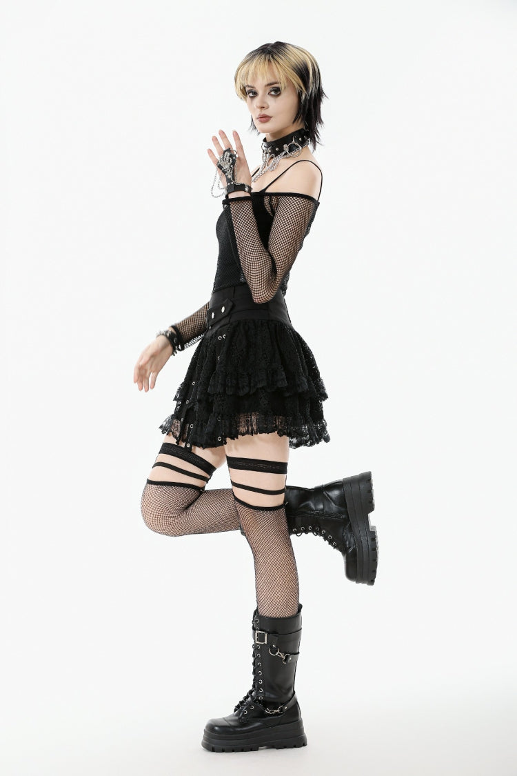 Black Off Shoulder Long Sleeves Mesh Women's Gothic Versatile Top - Product - 2