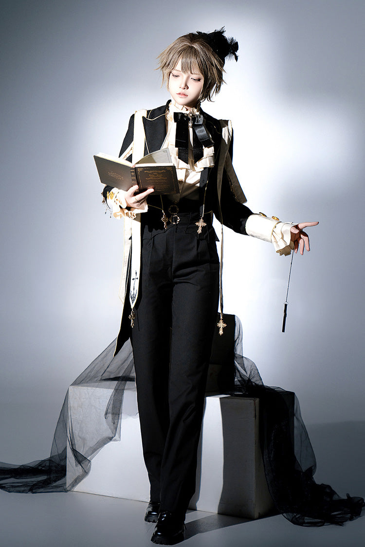 Black Long Sleeves Print Gothic Prince Handsome Ouji Lolita Swallowtail Coat - Product - 10