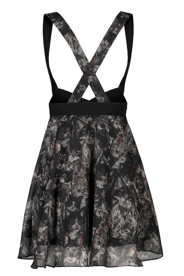 Black Super Cool Chiffon Lace Cat Print Straps Waist Low Cut A-Shaped Wide Hem Suspender Gothic Women's Skirt - Product - 5