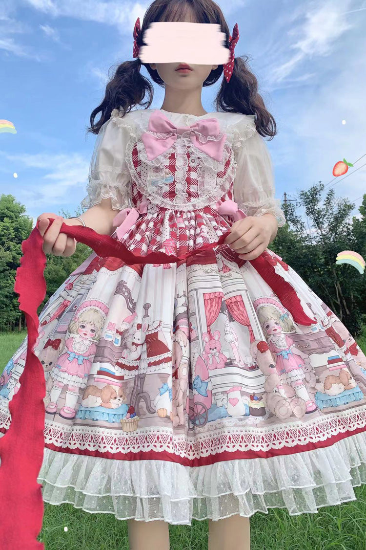 Red Plush Bear and Doll Print Ruffle Bowknot Lace Sweet Lolita Jsk Dress - Product - 4