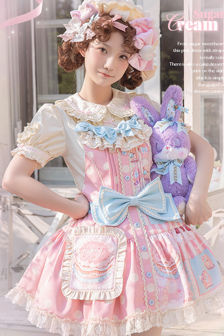 Pink Cake Chocolate Dessert Print Ruffle Bowknot Sweet Lolita Strap Dress - Pink - 1