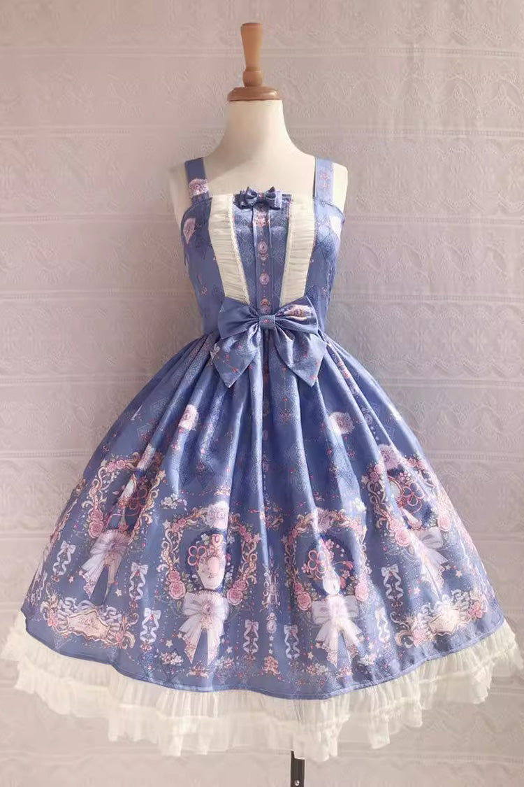 Small Delicate Print Ruffle Bowknot Sweet Lolita Jsk Dress 4 Colors - Blue - 6