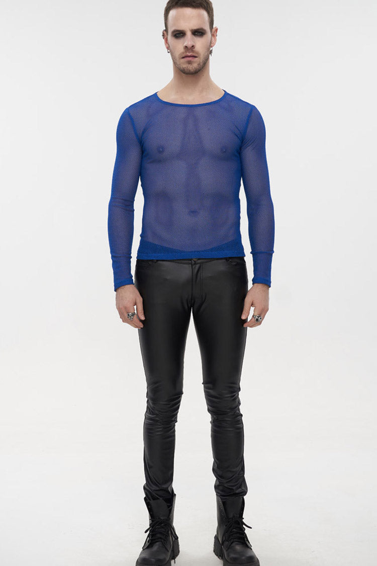 Blue Gothic Elasticity High Neck Long Sleeve Mesh Men's Shirt - Product - 2