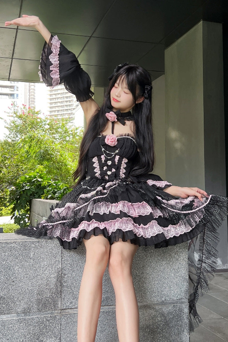 Black/Pink Galaxy Flower Language Multi-Layered Ruffle Bowknot Sweet Lolita Tube Top Dress - image 2
