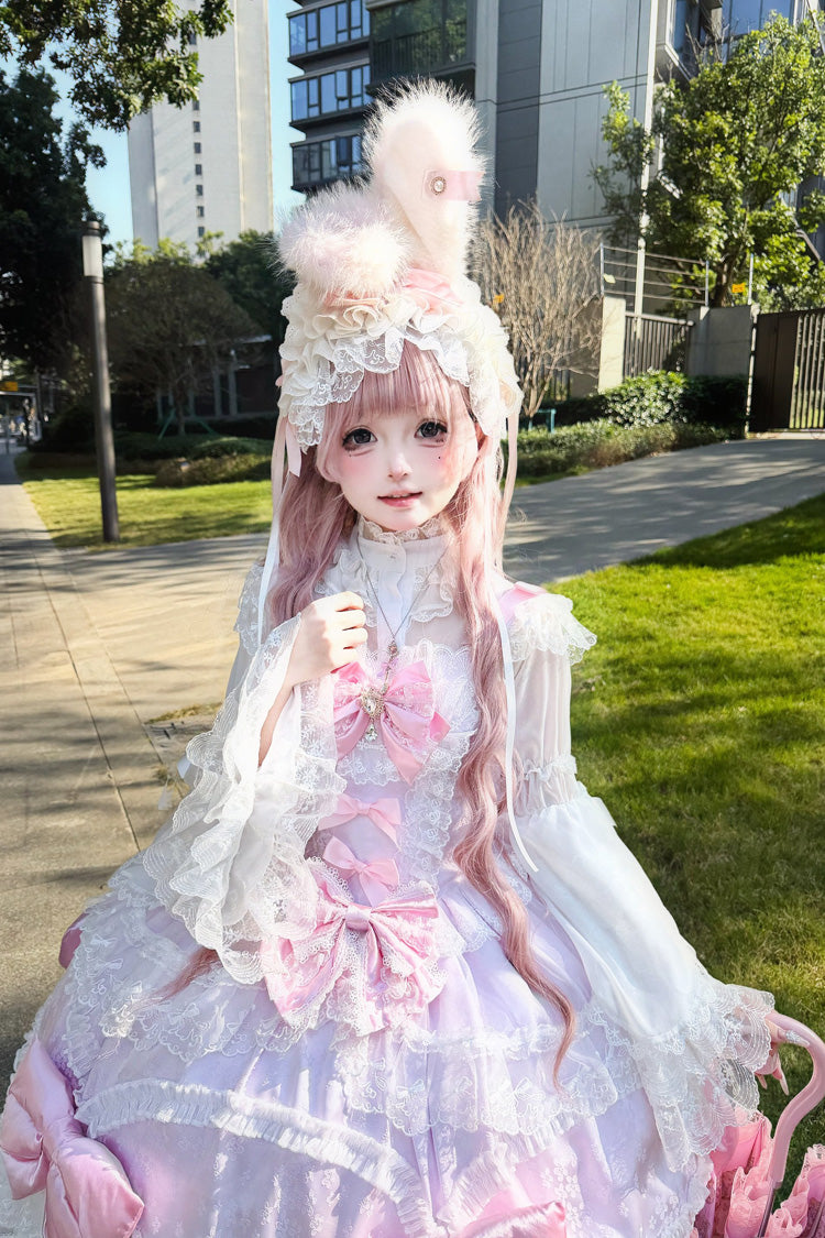 Pink/Purple [Flower Dream Isle] Square Collar Multi-Layered Ruffled Bow Lace Sweet Lolita Jsk Dress - Product - 2