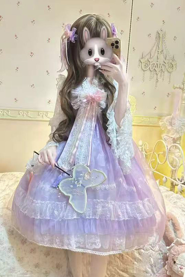 [Peach Blossoms in Spring Fields] Sleeveless Ruffle Bowknot Lace Sweet Chinese Style Lolita Jsk Dress 3 Colors - Purple - 16