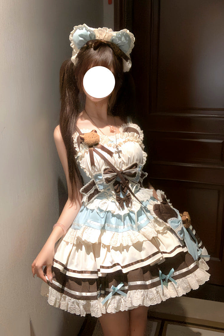 Green/Chocolate [First Love Bear] Multi-Layered Ruffle Bowknot Lace Sweet Lolita Jsk Dress - Product - 6