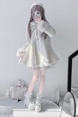 Ivory Long Sleeves Bowknot Rabbit Ears Detachable Hooded Japanese Jirai Kei Coat - Product - 2