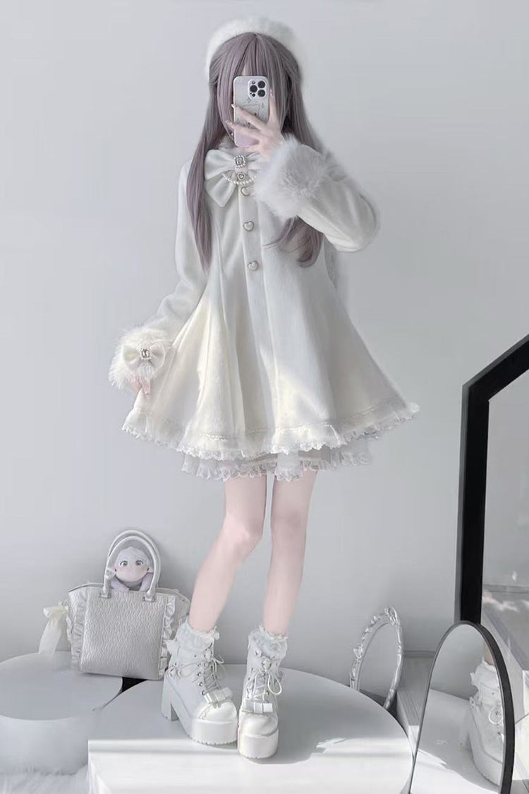 Ivory Long Sleeves Bowknot Rabbit Ears Detachable Hooded Japanese Jirai Kei Coat - Product - 2