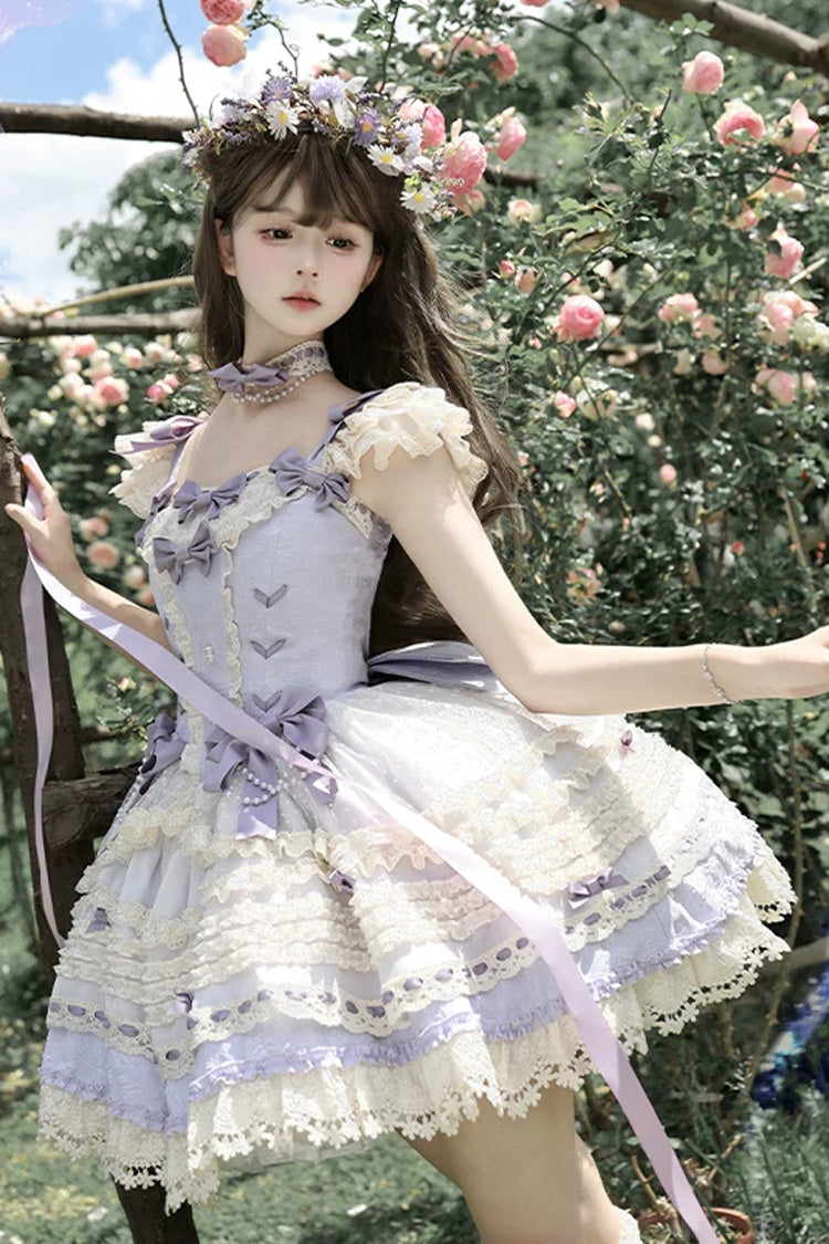 [Wind Chime Poem] Square Collar Flutter Sleeves Triple-Layered Printed Ruffled Bow Sweet Lolita Jsk Dress 4 Colors (Blue, Pink, Purple, Green) - Product - 4