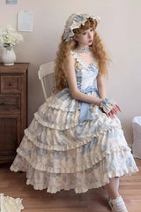 Blue [Grape Moon Almanac] Sleeveless Multi-Layered Printed Ruffled Bow Adjustable-Length Sweet Lolita Jsk Dress - Product - 5