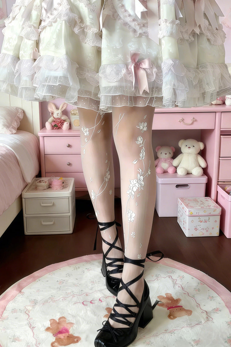 White [Falling Cherry Blossom] Printed Sheer Sweet Japanese Lolita Pantyhose - Product - 2